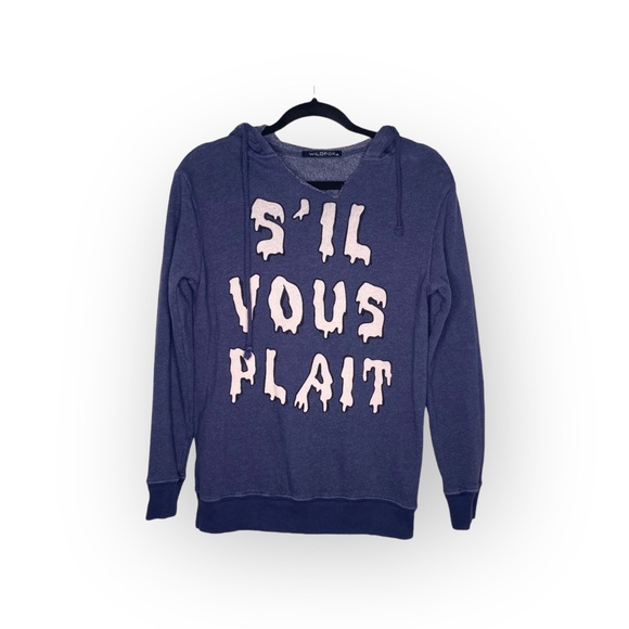 Y2K: OG Wildfox ☻︎ S’il Vous Plait Melted Letters Pullover Hoodie ☻︎ Navy Blue - Picture 3 of 16